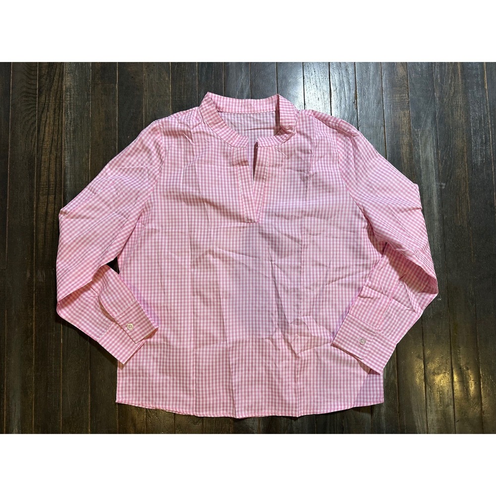 Womens Pink Gingham Check Long Sleeve Split V-Neck Blouse Top